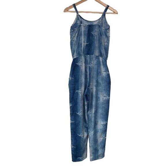 Blue Tie Dye Jumpsuit Women Medium Ruffle Elastic Waist Sleeveless Spring Summer - Picture 2 of 8